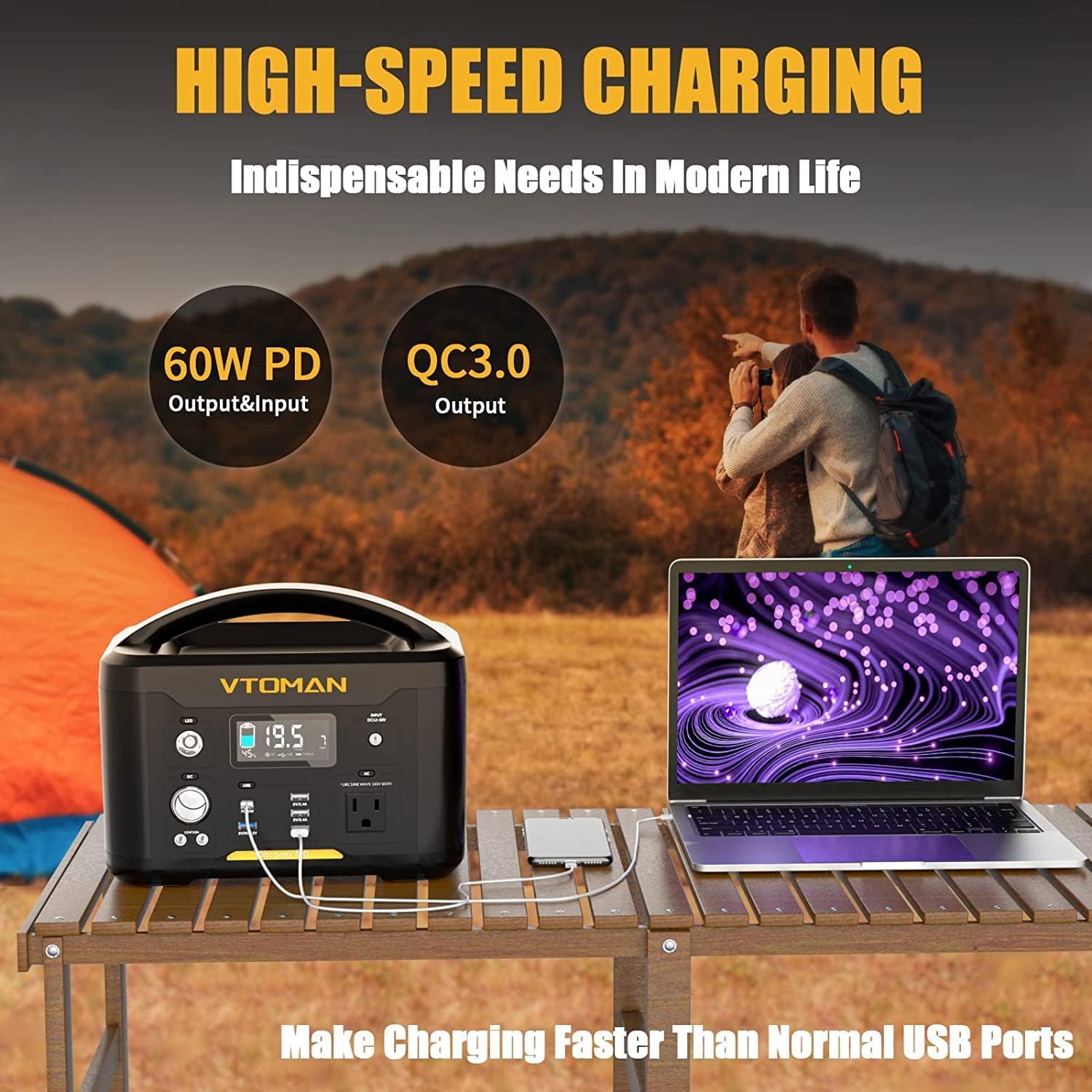 VTOMAN Portable Power Station 600W, 626Wh Battery Powered Outdoor Generator with 600W AC Outlet(Peak 1200W)/12V DC/60W PD/QC3.0