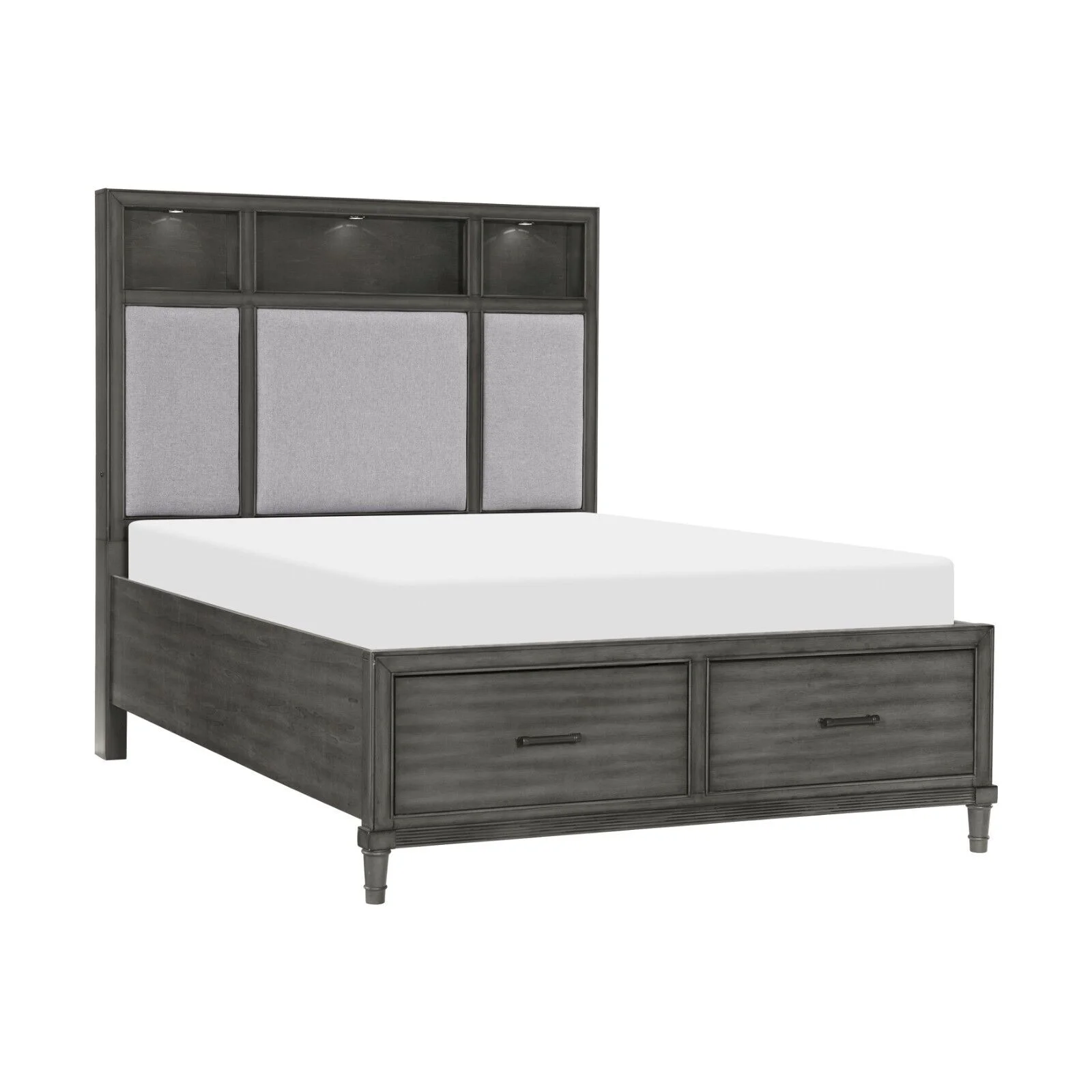 Transitional Style Platform Bed Queen Size w Footboard Storage USB Port Bookshelves LED Light Headboard Modern Furniture