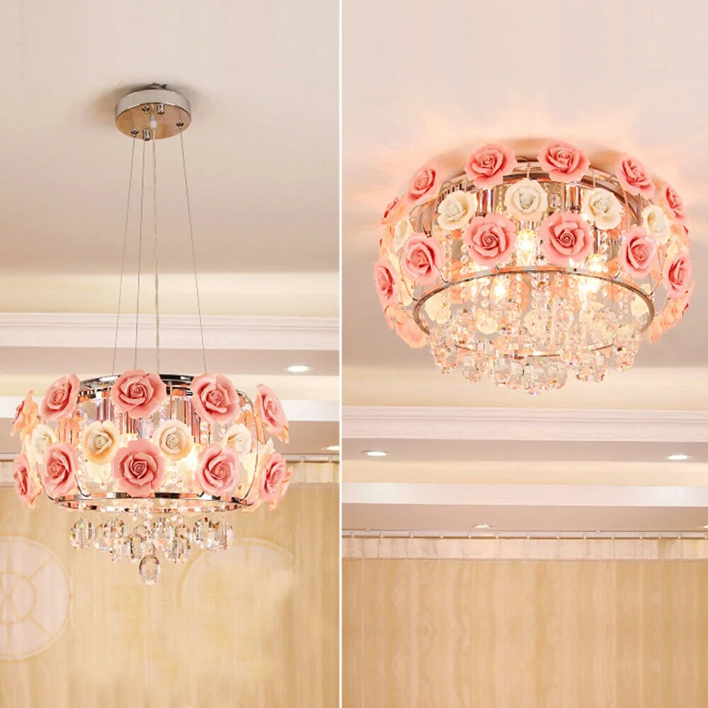 Ceiling Light Romantic Pink Rose Flower Chandelier Crystal Pendant Lamp E12/E14 for Bedroom
