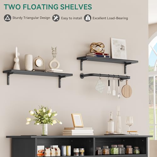 YITAHOME Buffet Cabinet, 47" Farmhouse Coffee Bar with Power Outlet, Floating Shelves