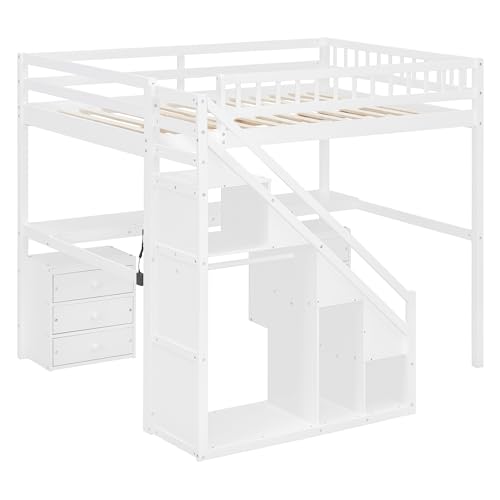 Modern Full Size Gaming Loft Bed with Built-in Desk and Storage Wardrobe, Wood Loft Bed Frame with Light Strip and 2 Drawers
