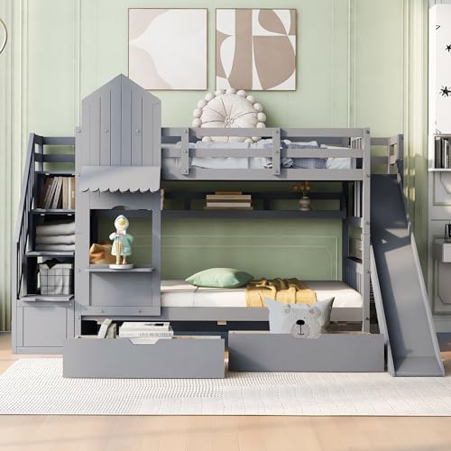 Harper & Bright Designs Twin Over Twin Bunk Bed with Stairs and Slide, Solid Wood Bunk Bed Frame with Storage Drawers and Bookshelf