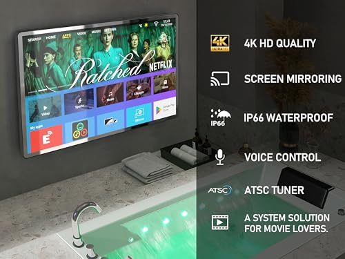 32 inch IP66 Waterproof Android 13 Smart Mirror TV for Bathroom and Bedroom - 4K UHD, Digital Mirror Built-in Voice Assistant, ATSC Tuner, Bluetooth
