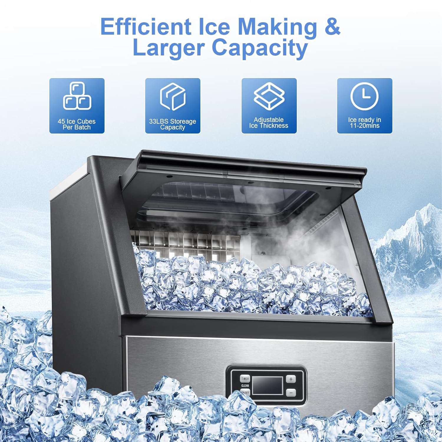 Kismile Commercial Ice Maker Machine,100Lbs/Day,45 Cubes/Batch in 11-20 Mins,Stainless Steel Freestanding Ice Maker with 2 Self-Cleaning