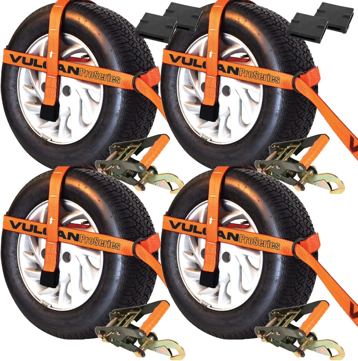 VULCAN Car Tie Down Kit - Adjustable Loop - Snap Hooks - Classic Yellow - Complete Kit Includes 4 Straps and 4 Ratchets