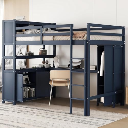 Harper & Bright Designs Full Size Loft Bed with Wardrobe and L-Shaped Desk, Metal Loft Bed with Storage Cubes, Cabinet, Shelves for Kids Teens, White
