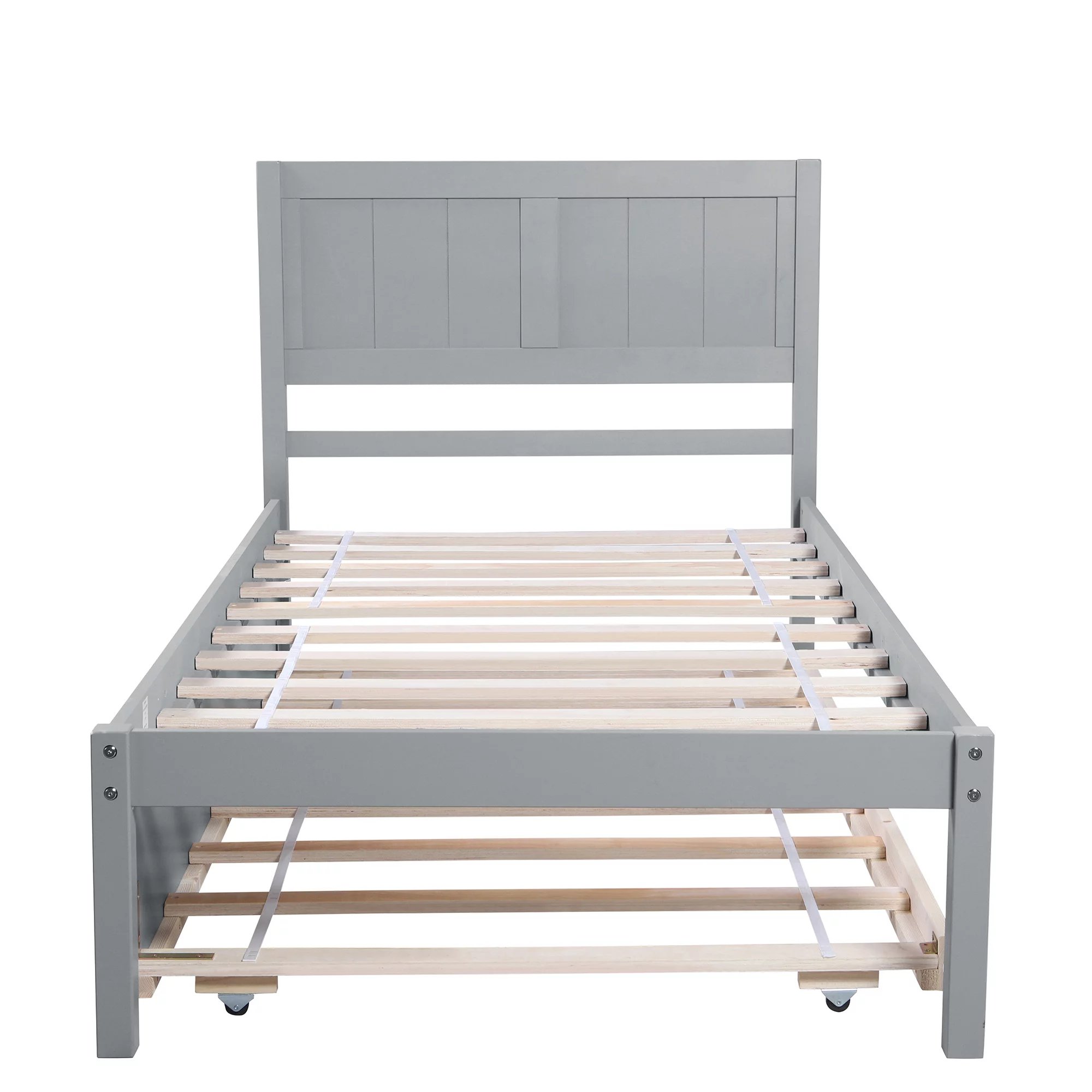 Euroco Twin Size Wood Platform Bed with Trundle for Kids, Gray