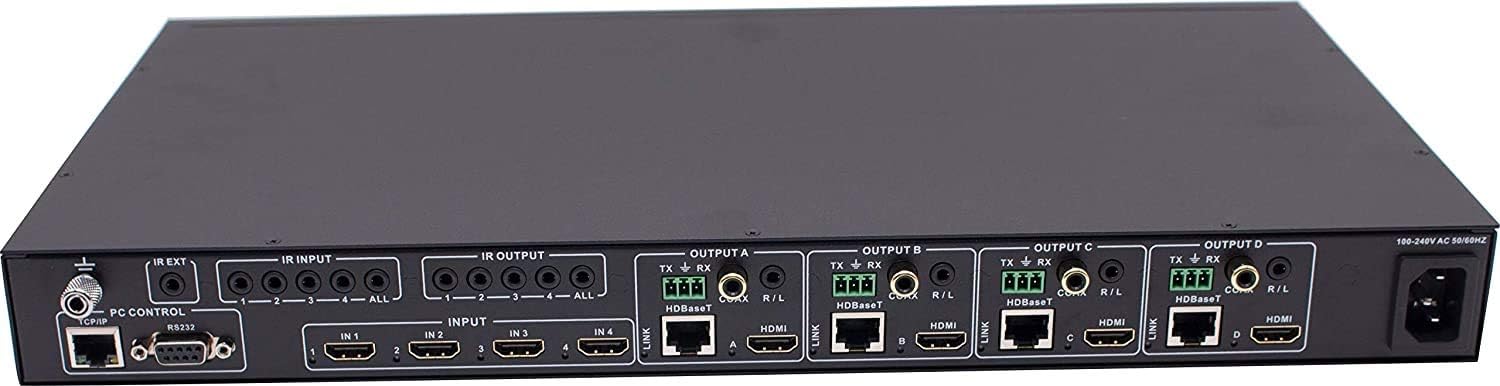 Professional 4K 4x4 HDMI Extender Matrix by OREI - HDBaseT UltraHD 4K @ 60Hz 4:2:0 Over Single CAT5e/6/7 Cable with HDR Switcher & IR Control