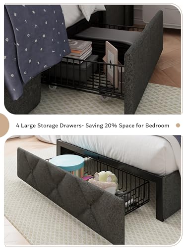 iPormis Queen Bed Frame with 4 Storage Drawers, Upholstered Platform Bed Frame with Charging Station, Modern Wingback Storage Headboard