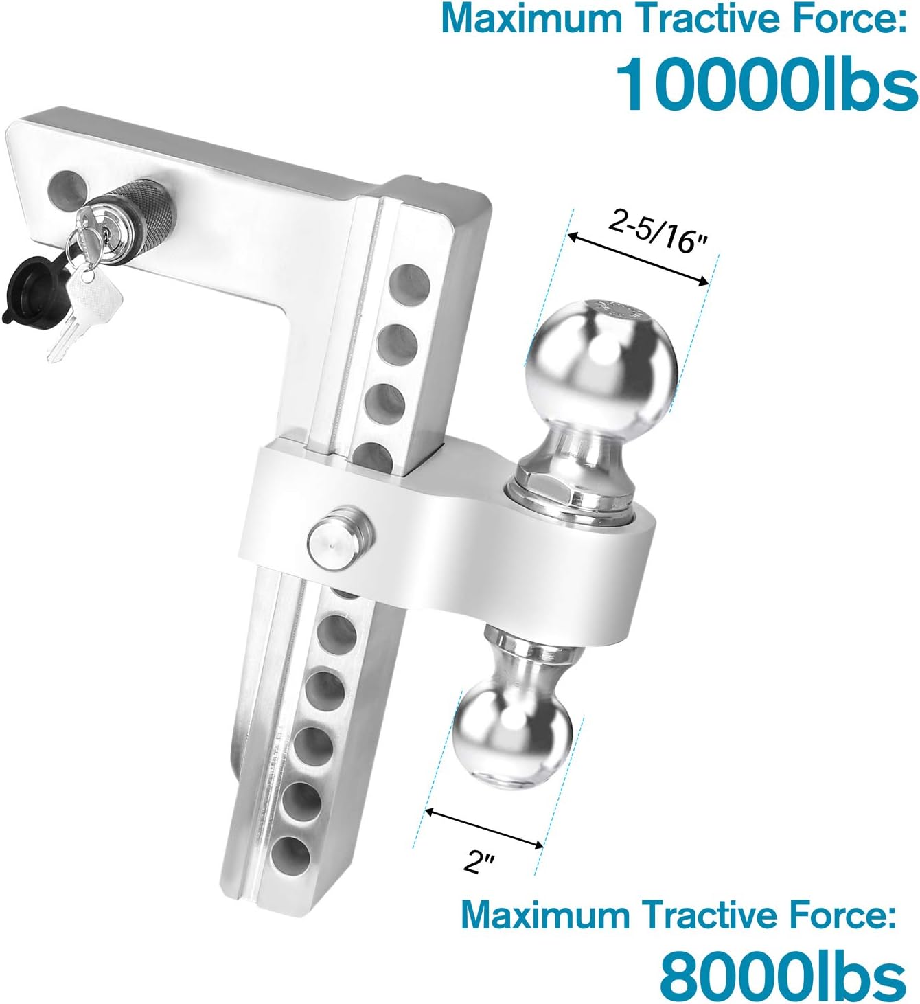 Fullwatt Dual Ball Mount Hitch Adjustable Drop/Rise, Aluminum Trailer Hitch for Vehicles, Fits 2" Receiver with Pin Lock (10 inch)