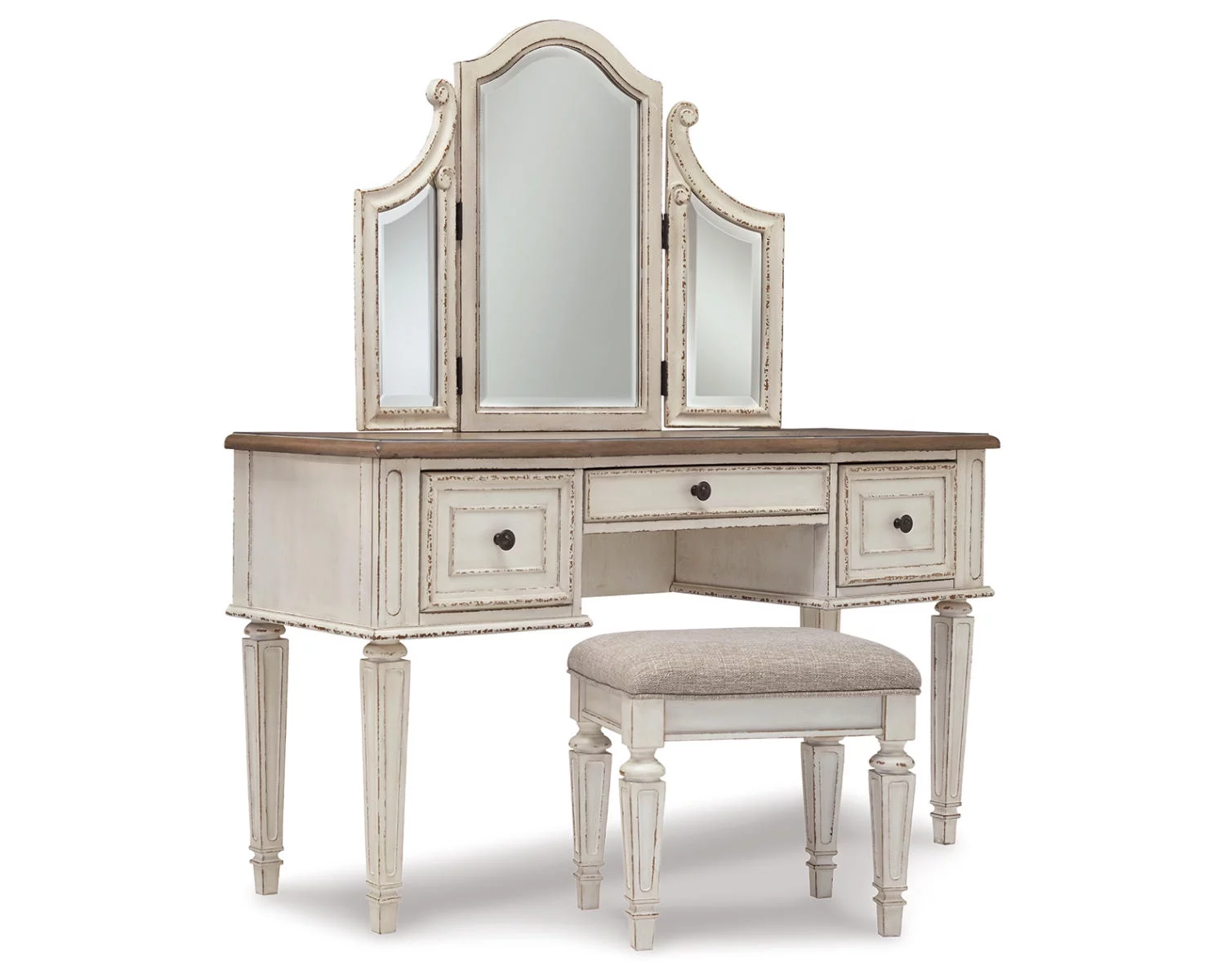 Signature Design by Ashley Casual Realyn 3 Drawer Vanity and Mirror with Stool, Two-tone