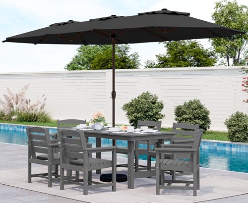 SERWALL Outdoor HDPE Dining Table Set, 7-Piece Outdoor Dining Table Sets with Umbrella Hole Cut-Out Table and 6 Chairs, Gray
