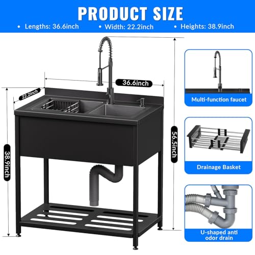 Stainless Steel Utility Sink, 30.8" × 22" × 39.5"Freestanding Sink with Cold and Hot Water Faucet,Hoses and Drain Kit for Kitchens, Bathrooms, Garage