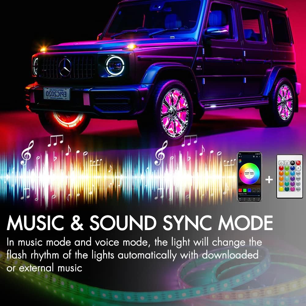 4Pcs 15.5inch LED Wheel Light RGB Chase Rim Lights w/Turn Signal and Braking Function Controlled by Remote and APP, IP 67 Waterproof