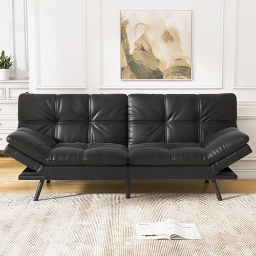 Faux Leather Futon Sofa Bed,Convertible Futon Couch,Memory Foam Loveseat Sleeper Sofa,Small Splitback Modern Folding Couch for Living Room,Office