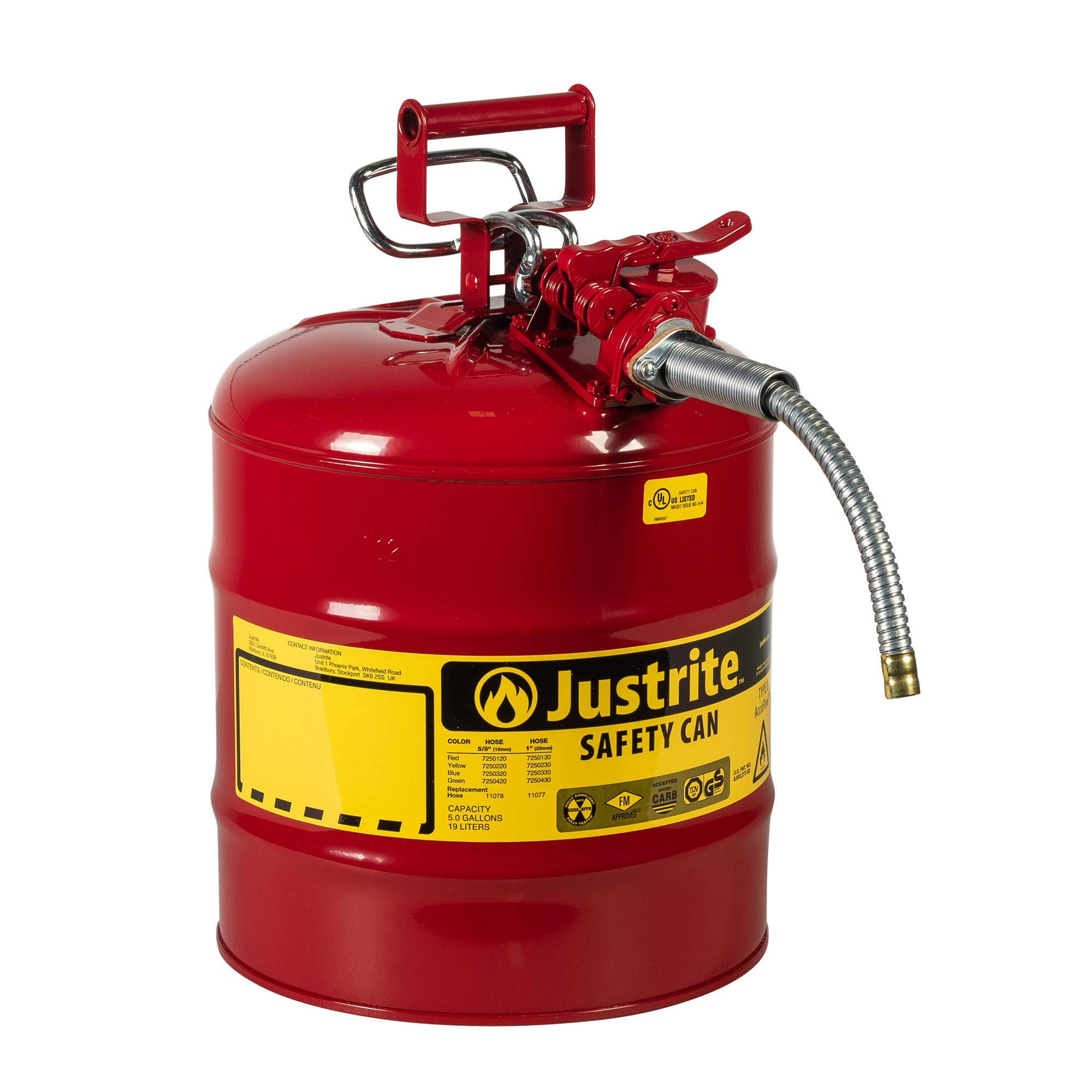Justrite 5 Gallon Red Safety Can Type II AccuFlow 5/8x22 Hose 7250120