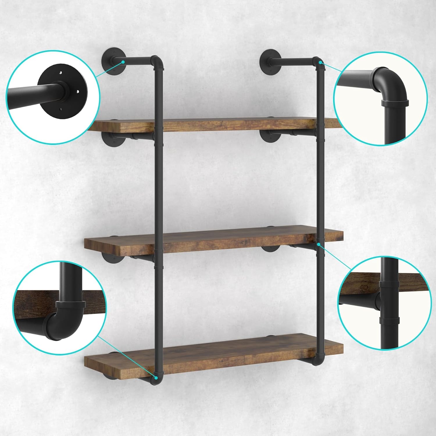 CADMIC Industrial Wall Mount Iron Pipe Shelf for Office Room Kitchen DIY Open Bookshelf Retro Black Storage Shelves Pipe Shelving Hung Bracket (3