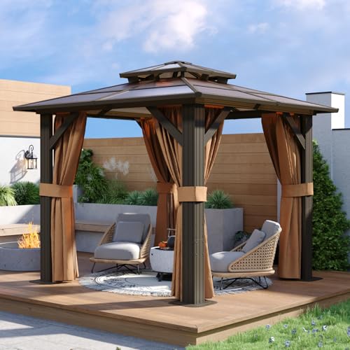 Aoxun 12'x10' Hardtop Gazebo, Aluminum Frame Permanent Pavilion with Curtains and Netting, Outdoor Polycarbonate Double Roof Canopy