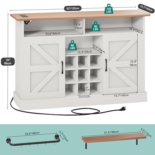 YITAHOME Buffet Cabinet, 47" Farmhouse Coffee Bar with Power Outlet, Floating Shelves