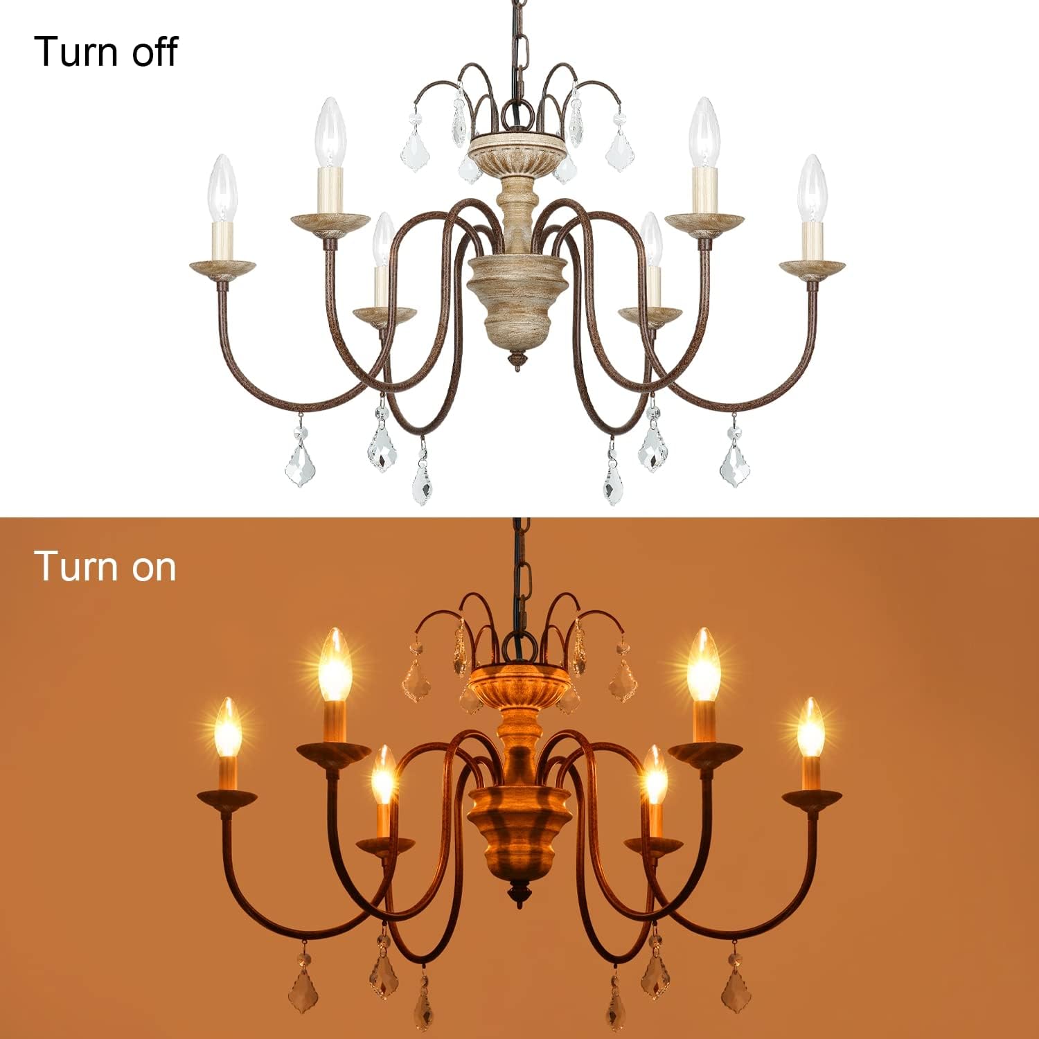 Oldiron 6 Light French Country Chandeliers, Rustic White Distressed Wood Rust Metal Candle Chandelier with Arc Arms and Crystal Pendant (28)