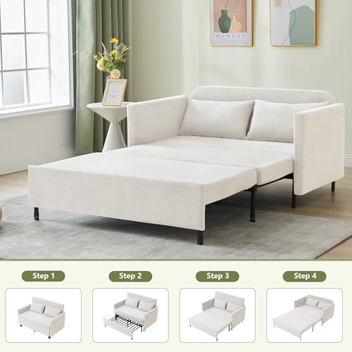 3-in-1 Sleeper Sofa Bed, 51'' Convertible Folding Couch with Pullout Bed, Chenille Futon Sleeper Sofa with Side Table and 2 Pillows