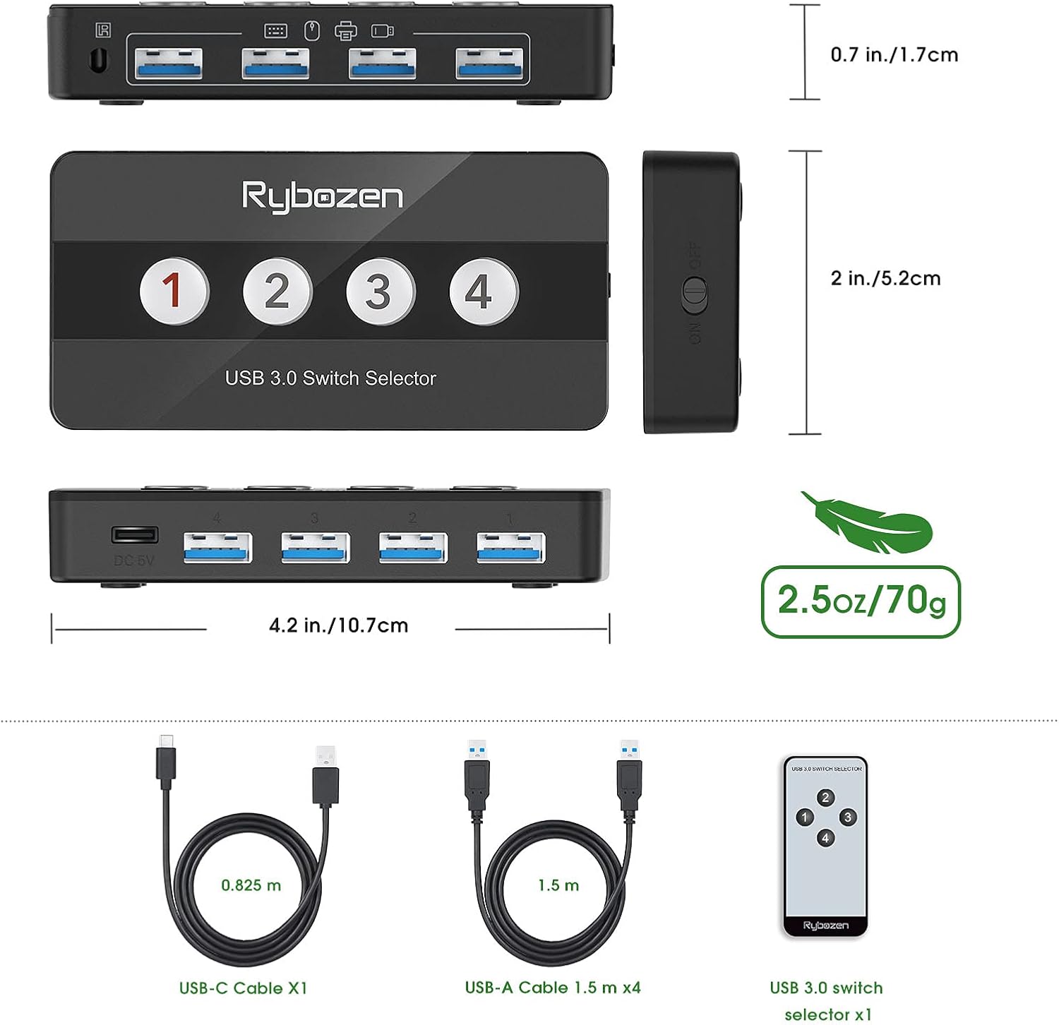 Rybozen USB 3.0 Switch Selector, 4 Port KM Switch USB Peripheral Switcher Box, 4 Computers Sharing 4 USB Devices, for PC, Printer, Scanner, Mouse