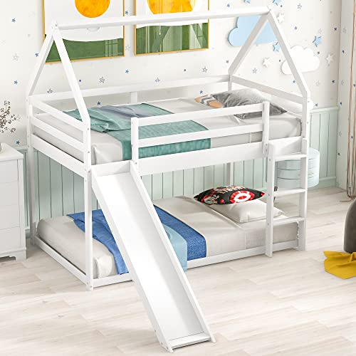 Kids Twin Over Twin Bunk Beds with Slide and Trundle, Solid Wood Bunk Bed Frame with Stairs and Storage