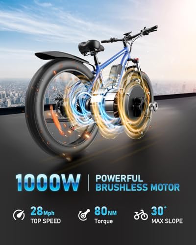 EB26 Electric Bike for Adults Peak 1500W Electric Bicycle 48V 15AH (720WH) Battery Electric Bike 26" Fat Tire Mountain 28mph 7 Speed Gears Ebike