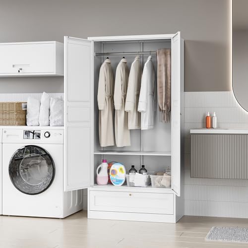 MIIIKO Steel Cabinet Wardrobe, Metal Locker Cabinet with Hanging Rod, Metal Clothing Locker Storage for Home, Office, Garage and Changing Room