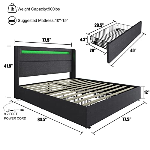 Queen LED Bed Frame with Wingback Headboard, Upholstered Platform Bed with 4 Storage Drawers & Charging Station, App/Remote Control