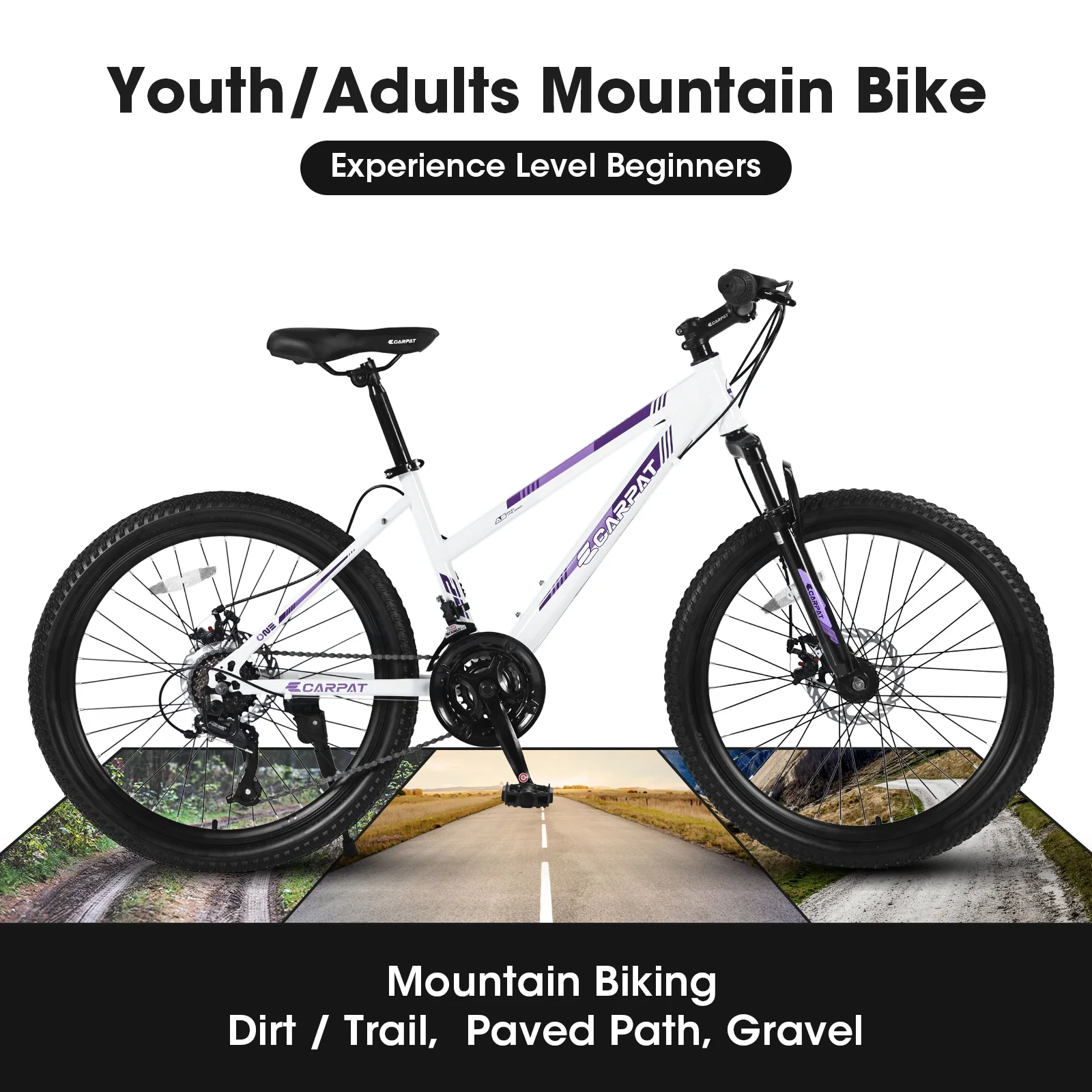 S24103 24 inch Mountain Bike for Teenagers Girls Women, Shimano 21 Speeds Gear MTB with Dual Disc Brakes and 100mm Front Suspension, White