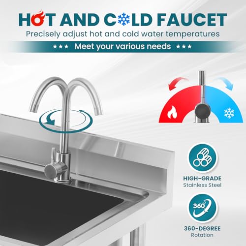 Utility Sink Stainless Steel Free Standing Single Bowl Laundry Outdoor Commercial Kitchen Sink with Cold Hot Pipe for Bar, Garage, Restaurant