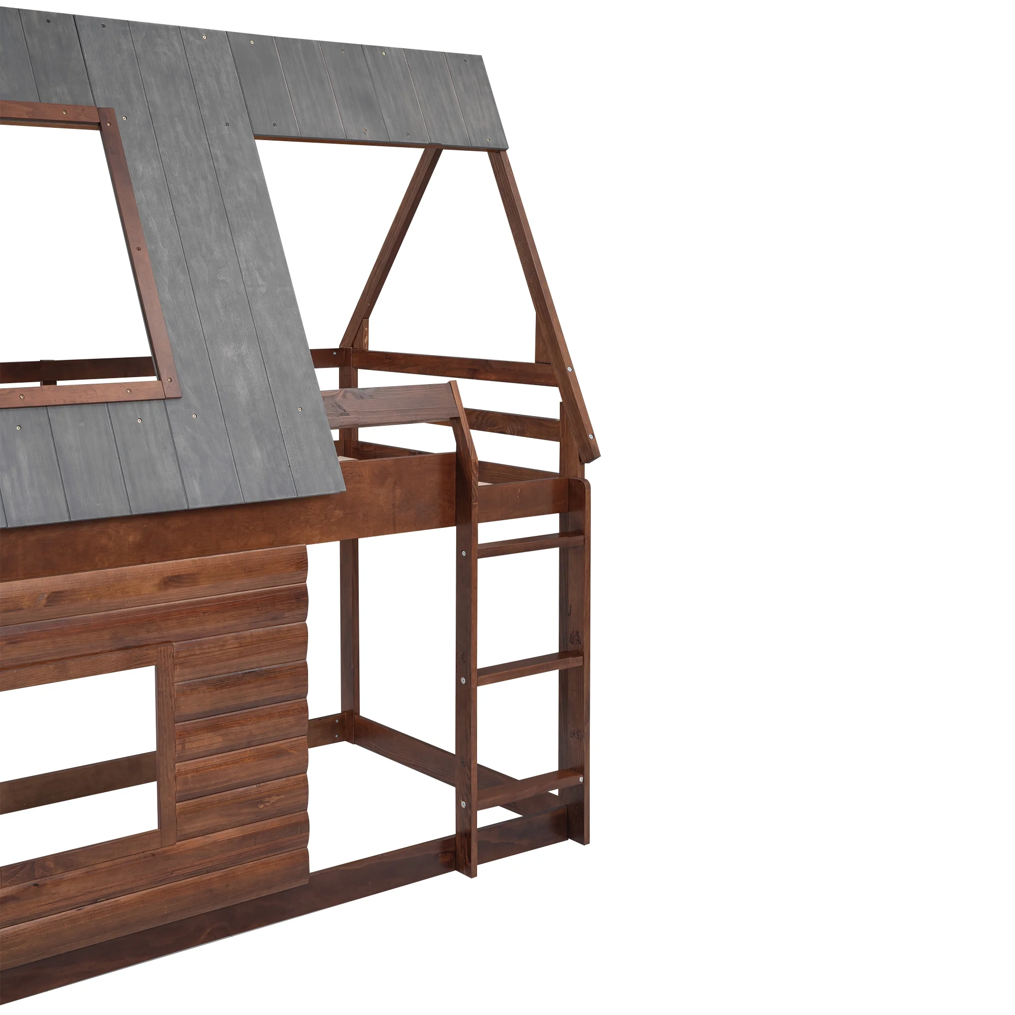 EUROCO Twin over Twin House Bunk Bed with Roof for Kids Bedroom, Grey