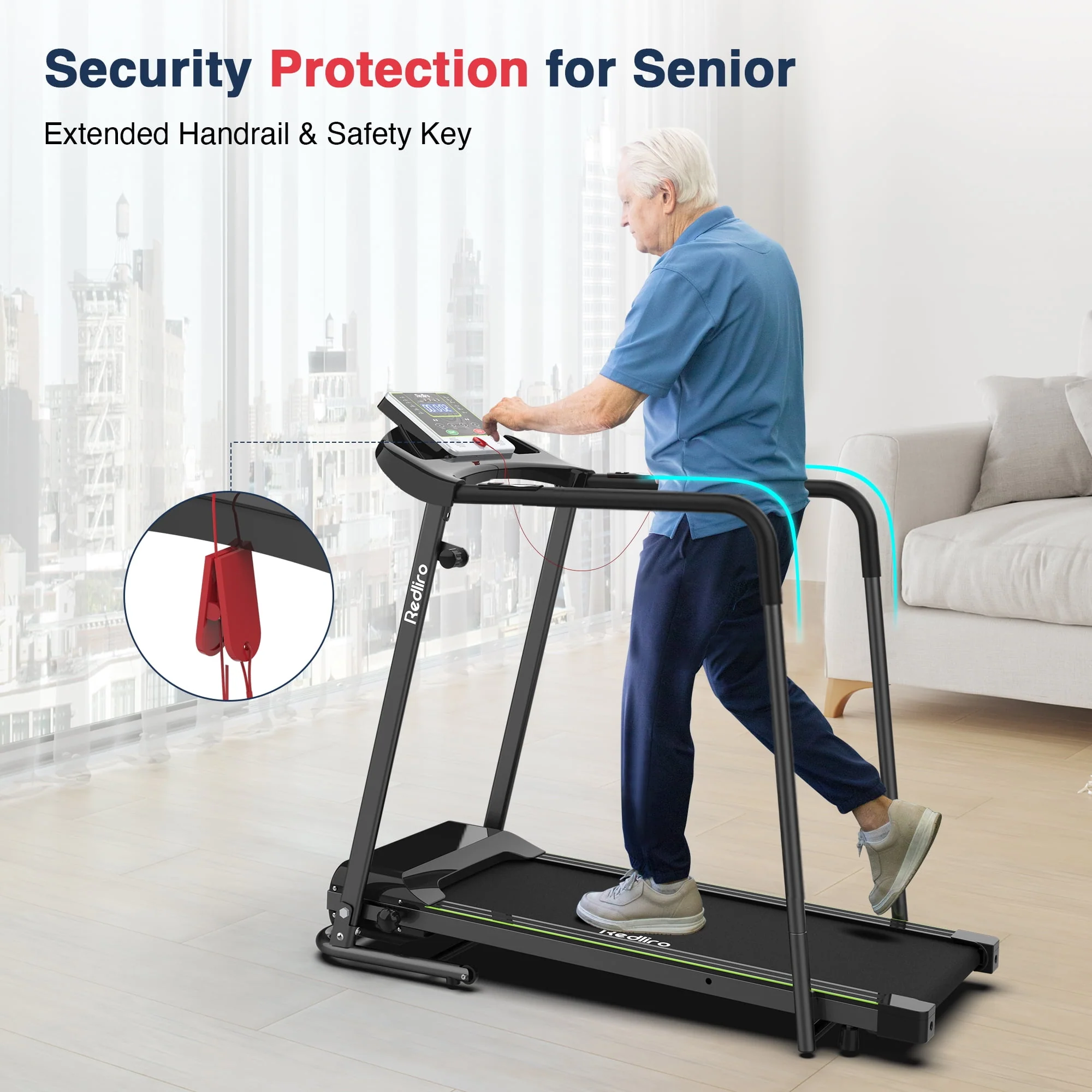Redliro Folding Treadmill Walking Machine Heart Rate Sensor Handrails for Senior Recovery Home 2.25HP 300lbs