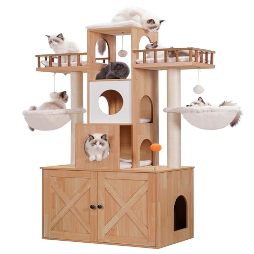 Heybly Cat Tree with Litter Box Enclosure for Indoor Big Cat, Cat Tower for Large Cats 20 lbs Heavy Duty