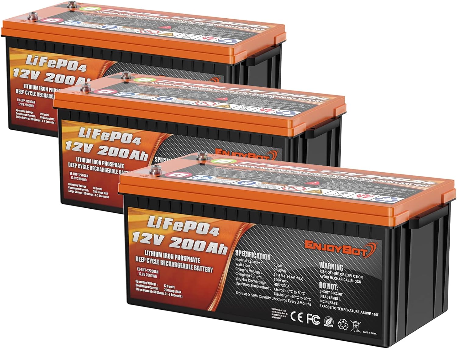 Enjoybot Deep Cycle Battery LiFePO4 12V 300Ah, Built-in 200A BMS, Lithium Iron Phosphate Battery for Solar RV Marine Camping