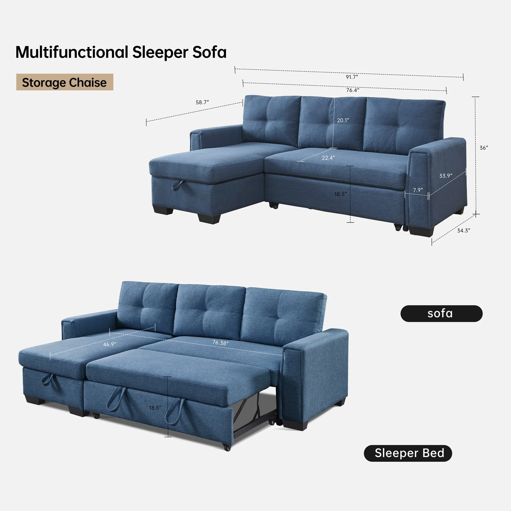 Panora  L-Shape Pull-Out Sleeper Sectional Sofa  - Blue