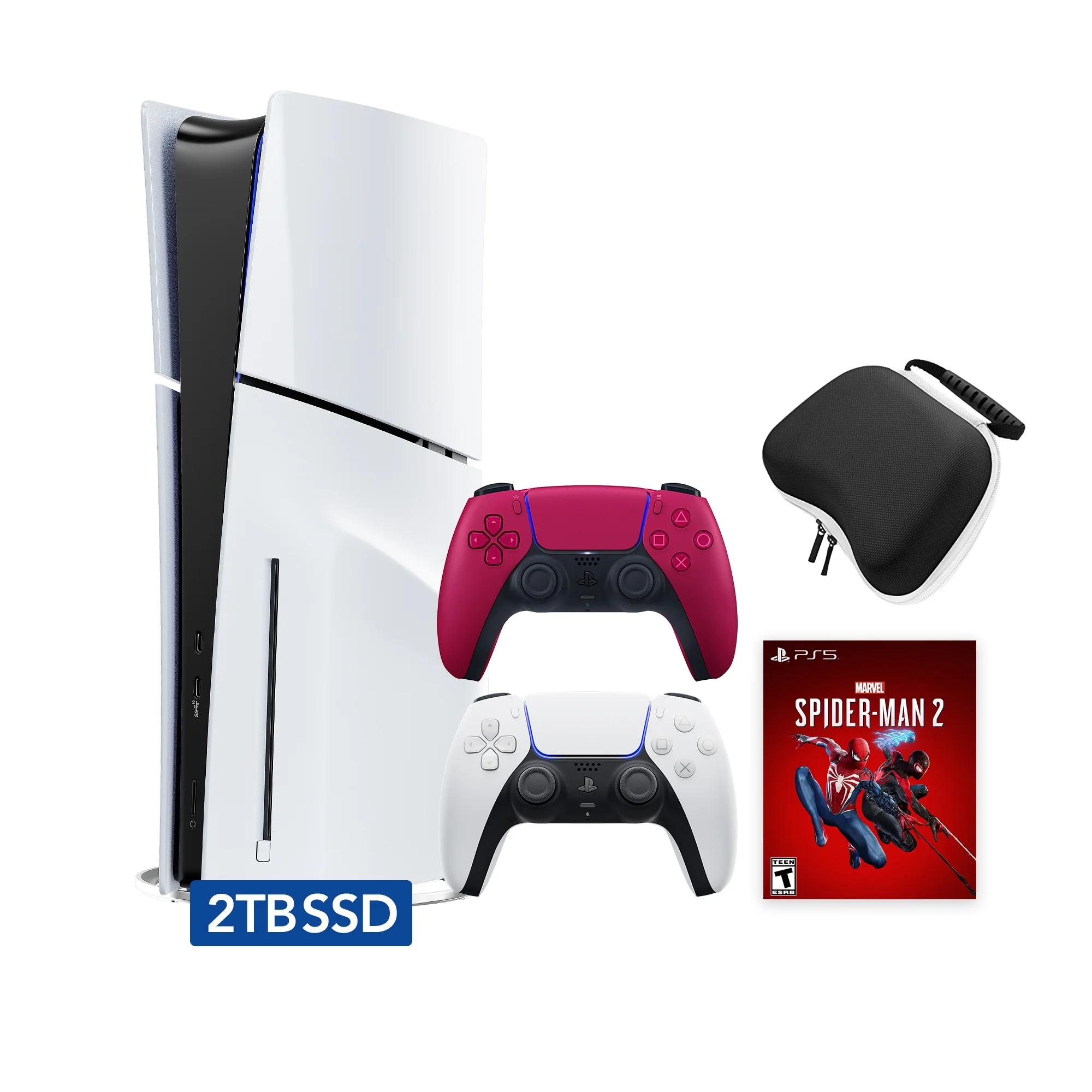 PlayStation 5 Slim Disc 2TB SSD Edition Marvel's Spider-Man 2 Bundle with Two Controllers White and Cosmic Red DualSense and Mytrix Hard Shell