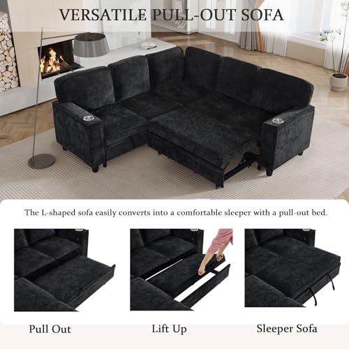 L-Shaped Pull Out Sleep Sofabed,Modern Reversible Sleeper Sectional Sofa Chenille Upholstered Button Tufted Decor with Storage Chaise