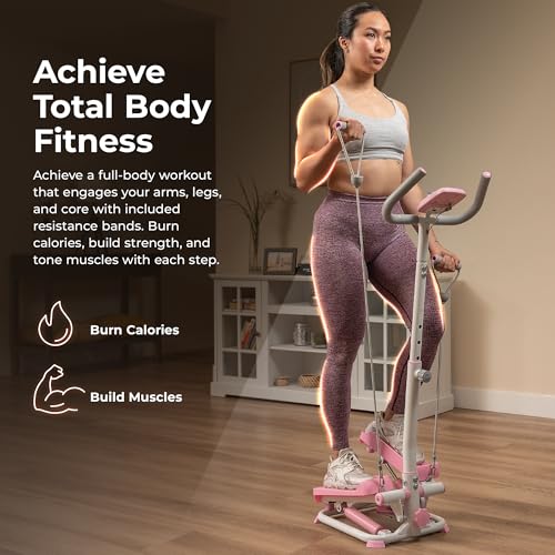 Sunny Health & Fitness Total Body 2-in-1 Smart Stepper Machine for Home with Handlebar and Resistance Bands, Total Body Workout, Adjustable Hydraulic
