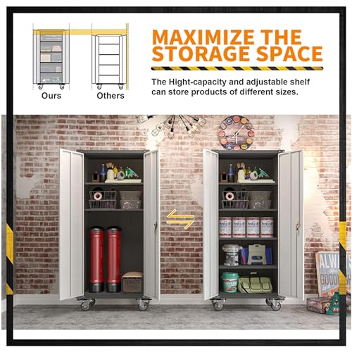 2 Doors Metal Locking Storage Cabinet,Garage Steel Cupboard with Adjustable Shelves,Metal Locker for Garage Home Office