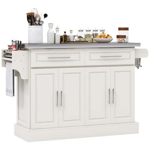 HOMCOM Rolling Kitchen Island Cart with Wheels, Portable Island Table for Kitchen with Stainless Steel Top, Adjustable Shelves, 2 Drawers, Spice