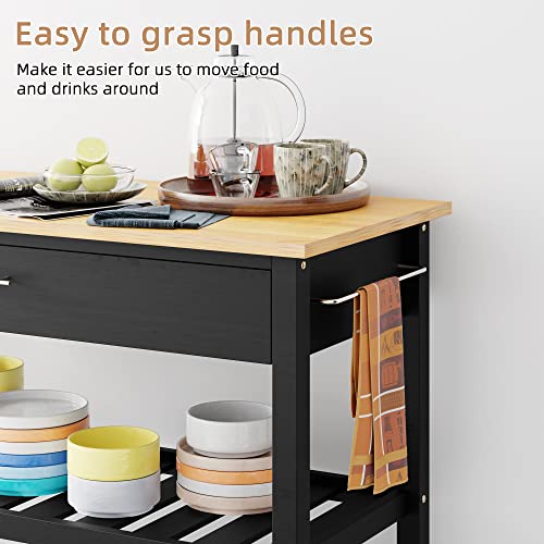 Shintenchi Rolling Kitchen Island Cart with Folding Drop Leaf Breakfast Bar, Portable Trolley Island with Large Storage Cabinet, Shelf and Drawer