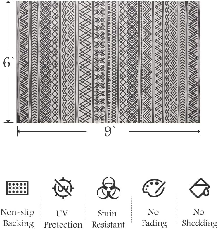 MontVoo-5 x 8 Outdoor Rug Carpet Non Slip Machine Washable Area Rugs Boho Outdoor Patio Decor Black and White Outdoor Rug Geometric Rubber Backed