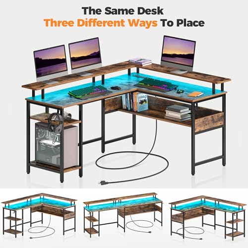 Rolanstar Computer Desk 56.7" with LED Lights and Power Outlets, Carbon Fiber Surface, Reversible L Shaped Gaming Desk with Monitor Stand
