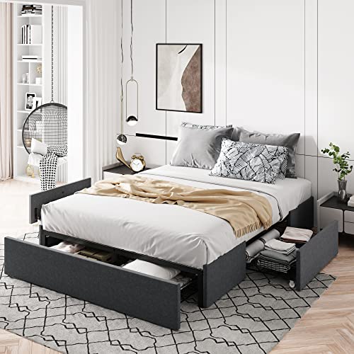 Allewie Queen Size Platform Bed Frame with 3 Storage Drawers, Fabric Upholstered, Wooden Slats Support, No Box Spring Needed, Noise Free