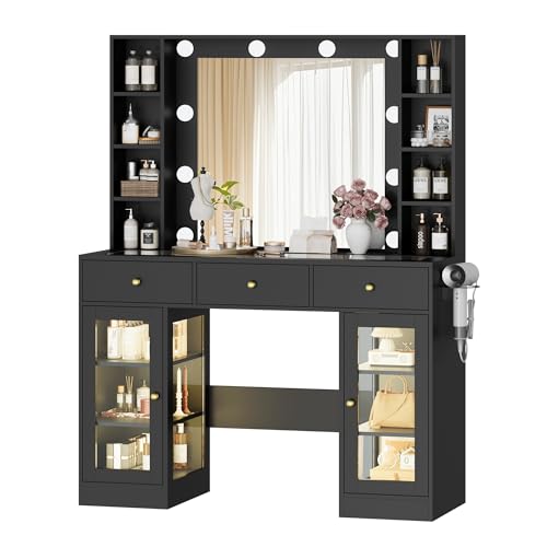 Makeup Vanity Desk with Mirror and Lights, White Vanity with Glass Top, LED Lights & Power Outlet, 3 Drawers & 2 RGB Glass Cabinets
