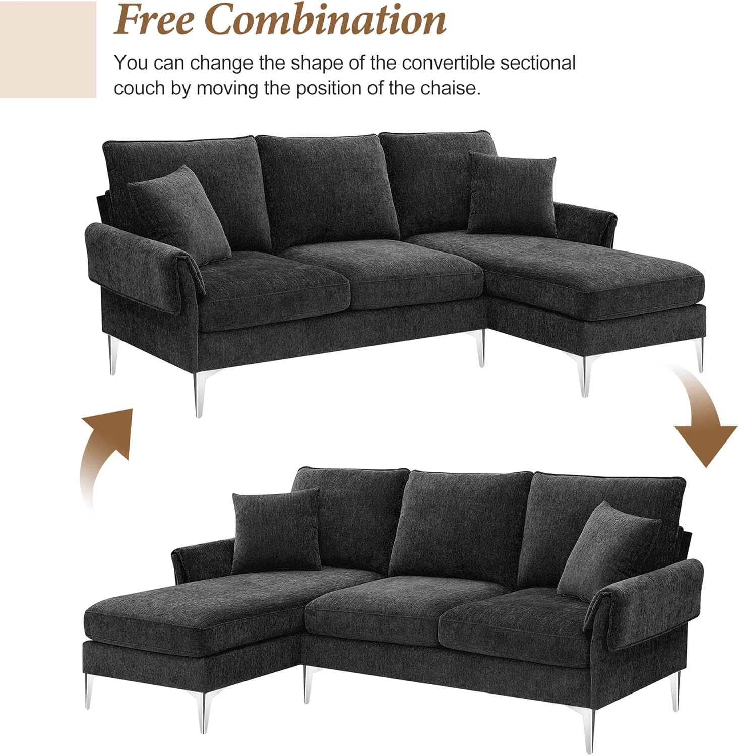 84" Convertible Sectional Sofa with 2 Pillows,Modern Chenille L-Shaped Metal Frame Couch W/Reversible Chaise Lounge,for Dorms,Apartments,Studios,Black