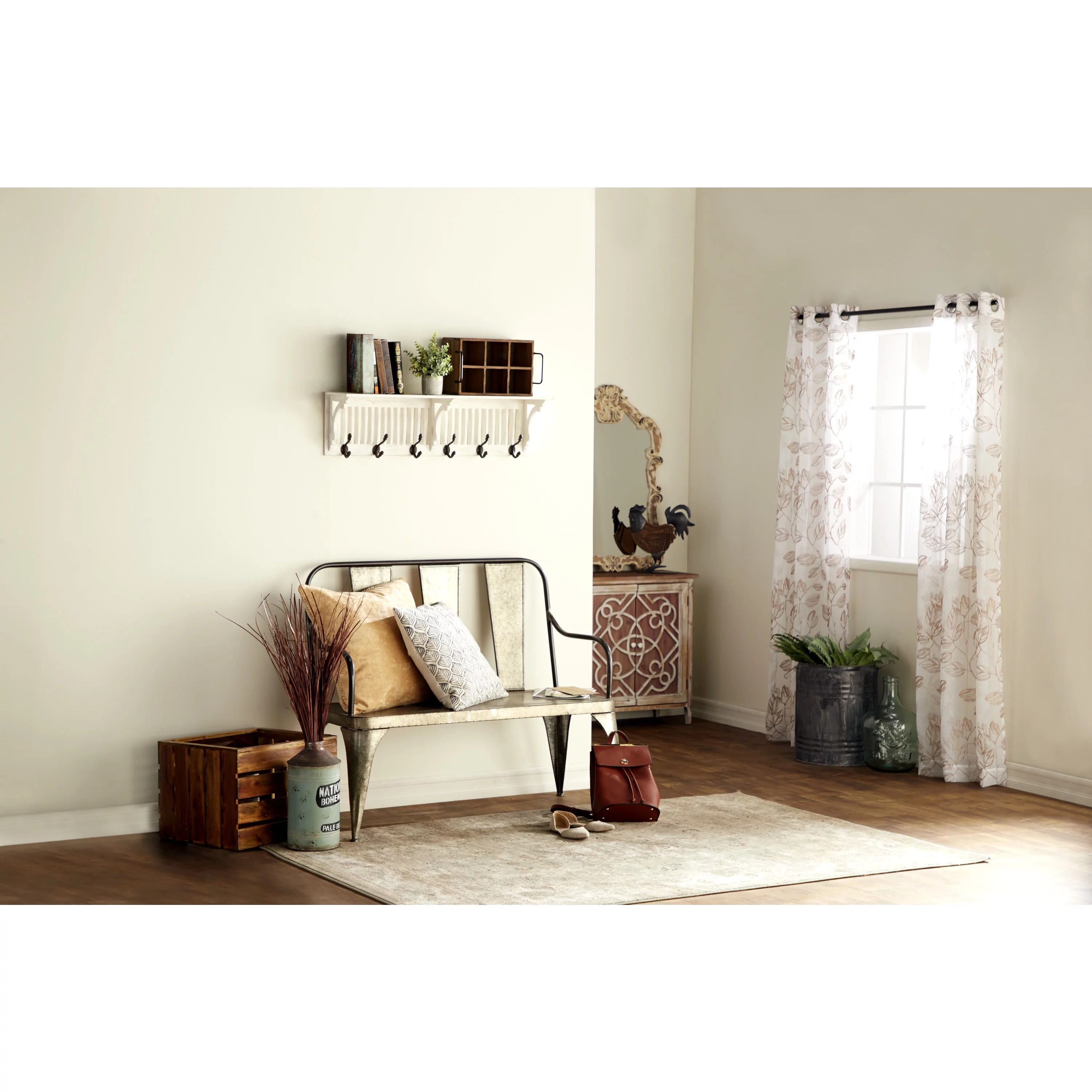 DecMode 28" x 31" Light Brown Wood 1 Shelf and 2 Door Geometric Cabinet with Carved Relief Overlay, 1-Piece