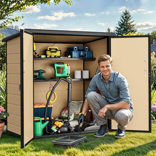 DWVO 5x3ft Resin Outdoor Storage Shed with Floor, Waterproof Lockable Storage Shed with Window, Plastic Outside Tool Storage for Garden, Backyard